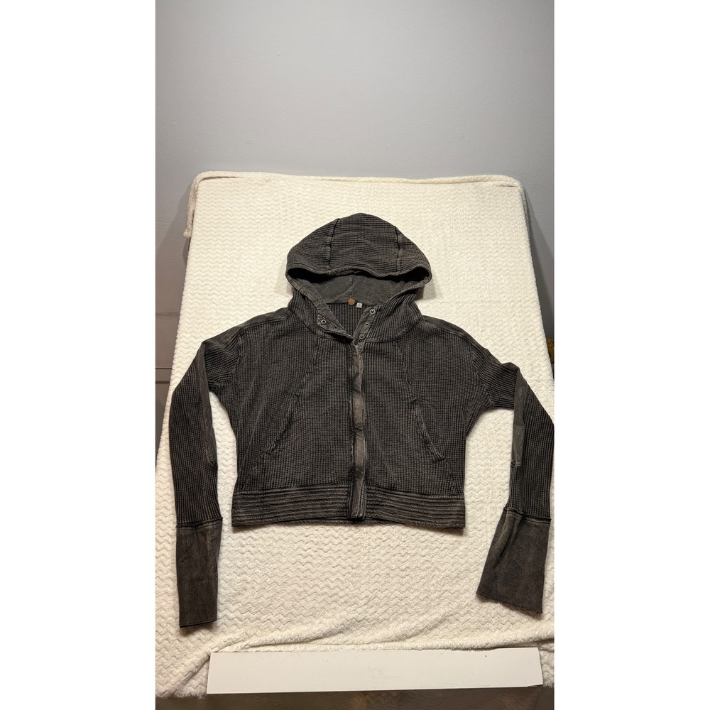Free People FP One Charcoal Grey Thermal Waffle Knit Zip Up Cropped Hoodie L/G